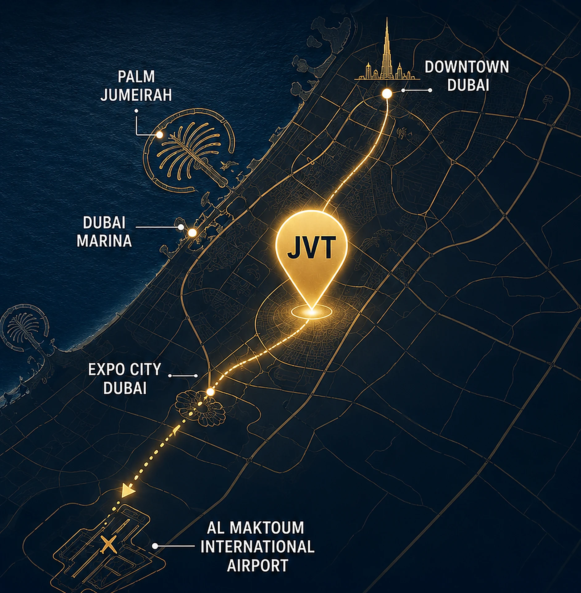 Map of Dubai showing Jumeirah Village Triangle between Downtown Dubai, Dubai Marina, Palm Jumeirah, Expo City and Al Maktoum International Airport